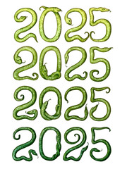 Set of the number 2025 in the form of green snakes as a symbol of the Happy Eastern New Year Wooden Green Snake. Watercolor illustration for templates of congratulations, post cards, invitations