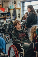 Obraz premium Young man in wheelchair participates in robotics workshop. Teen with disability learns coding skills. Inclusive education concept. Adaptive technology use. Assistive devices integration.