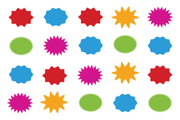 Set of starburst sticker, sale badge, price tag, shopping labels. Empty retro color starburst emblems, callouts, sunburst symbols. Promo tags, special offer design elements of flower, ribbon, corner