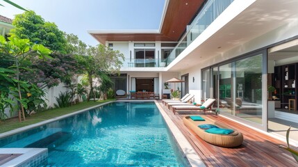 real Exterior design of spacious modern luxury pool villa. Feature wooden decking, sun bed, big swimming pool and greenery garden , home , house 