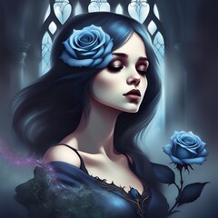 girl with blue roses