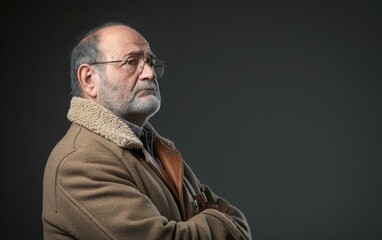 Fototapeta premium A man with a beard and glasses is standing with his arms crossed. He is wearing a brown coat and a scarf