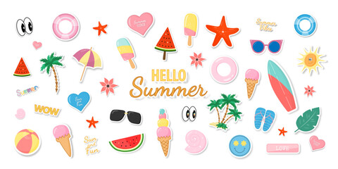 Stickers or cartoon icons on a white background. A set of summer stickers. Trendy pop art design of the 80s. Vector illustration.