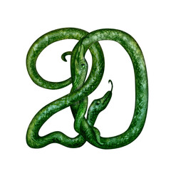 The number 20 of intertwined green snakes to celebrate a wedding anniversary, birthday in the year of the Green Wooden Snake for to the eastern calendar. Watercolor illustration for templates