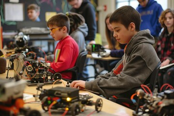 Teenagers with disabilities participate in robotics workshop. Students work on robot projects at tables, surrounded by learning materials and decorations. Engaging classroom atmosphere.