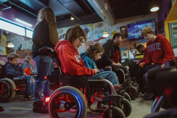 Obraz premium Boy plays video game in wheelchair at colorful arcade with neon lights and posters. Kids play games behind him, faces lit up with excitement. Inclusive gaming environment with accessibility features.