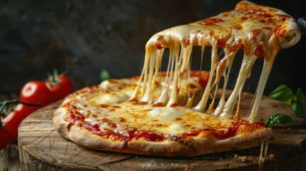 A slice of pizza with melted cheese is being pulled out of a pizza pie. The pizza is topped with tomatoes and basil