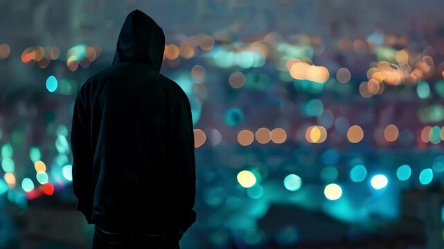 back view of hacker in sport suit standing on roof top above night megapolis city, anonymous faceless man in a hood.