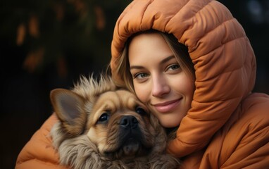 Obraz premium A woman is hugging a dog in a warm orange jacket. The woman has a smile on her face, and the dog looks content and happy. Concept of warmth and affection between the woman and her pet