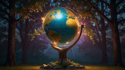 Digital illustration featuring a stylized globe of the Earth, prominently displayed in the center of the image. The globe is mounted on a stand that resembles a tree trunk, with branches extending out