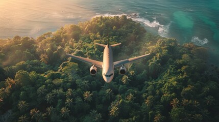A plane is flying over a lush green forest