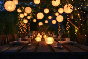 Outdoor table setting at night under string lights with lanterns. Wooden chairs surround a white clothed table with flowers, candle and wine glass. Perfect for festive banquet or romantic dinner.
