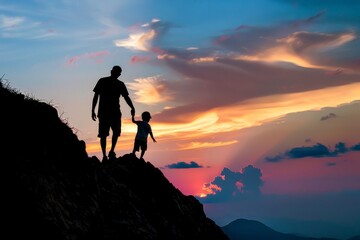 Silhouette of father and son walking on a mountain at sunset
