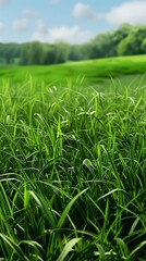 Fototapeta premium Lush Green Grass in Foreground with Rolling Hills and Forest Background Under Blue Sky with White Clouds
