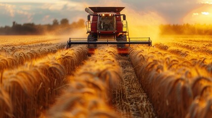 Fototapeta premium Harvesting Wheat at Sunset