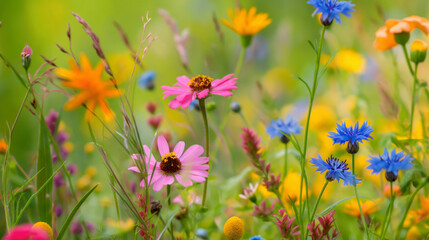 Wildflowers wallpaper. Close-up of a variety of flowers on a meadow.