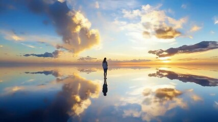 human silhouette standing and observing sky clouds landscape view, 4k new quality stock video footage wallpaper AI - Powered by Adobe