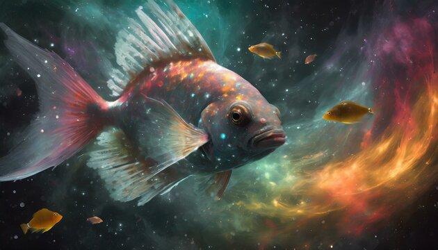 peixes nadando por entre as cores do cosmos