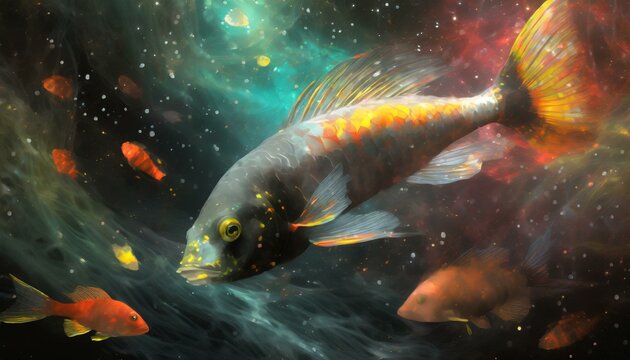 peixes nadando por entre as cores do cosmos