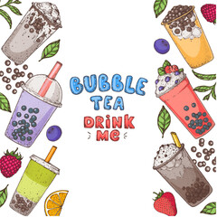 Bubble tea frame. Hand drawn vector illustration. Bubble tea sketch collection. Design template.