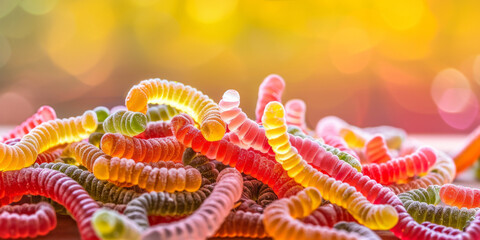 A close-up of a group of gummy worms of various colors arranged on a wooden surface with a blurred background