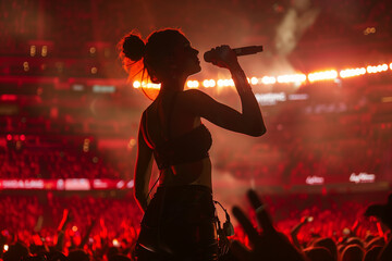 stunning female pop star delivering an energetic music performance to a packed stadium audience, highlighting the grandeur of live concerts. Photo