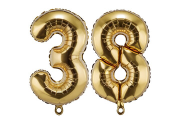 Golden Number 38 Foil Balloons on a White Background - Celebration and Party Decor