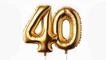Fototapeta premium Golden Number 40 Foil Balloons on a White Background - Perfect for Milestone Birthdays and Anniversaries