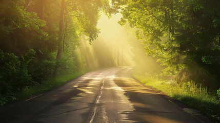 Obraz premium Morning Road Through the Misty Forest. Generative AI