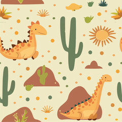 Seamless patterns featuring dinosaurs in various styles, from Cambrian to Jurassic periods. Designs include striped, camouflaged, and playful motifs. Ideal for textiles, wallpapers, and creative proje