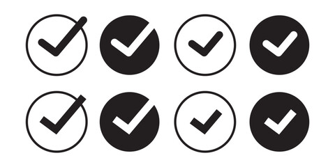 Set of checkmark icons inside a circle isolated on a white background. Black check mark icon. Tick approved symbol. eps 10