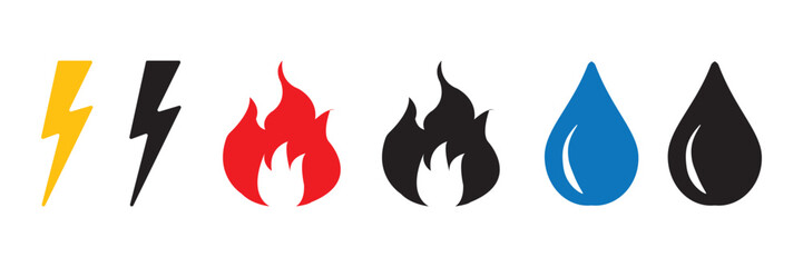 fire, water and lightning icon set in flat style. black style symbol sign for apps and website, Natural elements vector illustration.