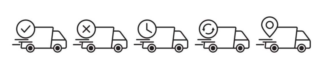 Delivery service icon set in line style. Logistic trucking, Fast shipping truck, delivery 24 hours simple black style symbol sign, Express delivery trucks, vector illustration.