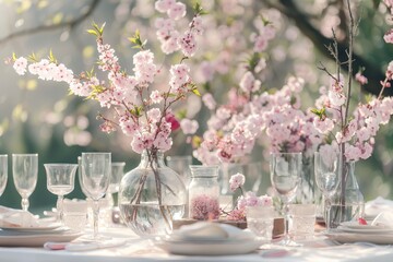 Outdoor table setting with white tablecloth, pink flowers, plates, glasses. Garden background with trees and bushes. Festive banquet special occasion. Cherry blossom branches add elegance.