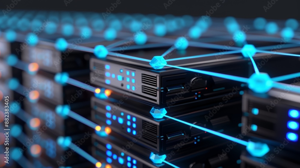 Poster 3d illustration of interconnected databases and server racks