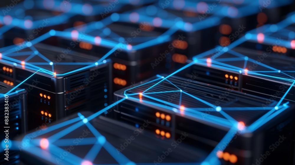 Poster 3d illustration of interconnected databases and server racks