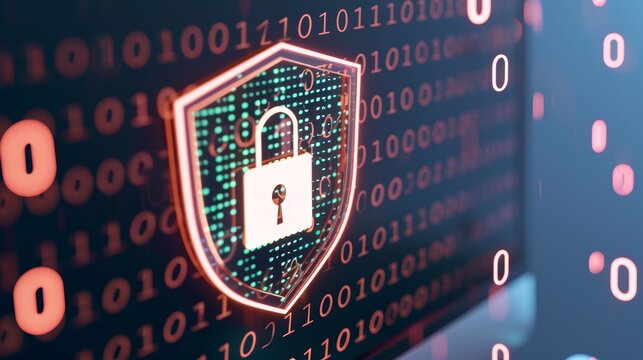 A computer screen with a holographic shield and padlock, surrounded by floating binary codes and a dark blue tech background