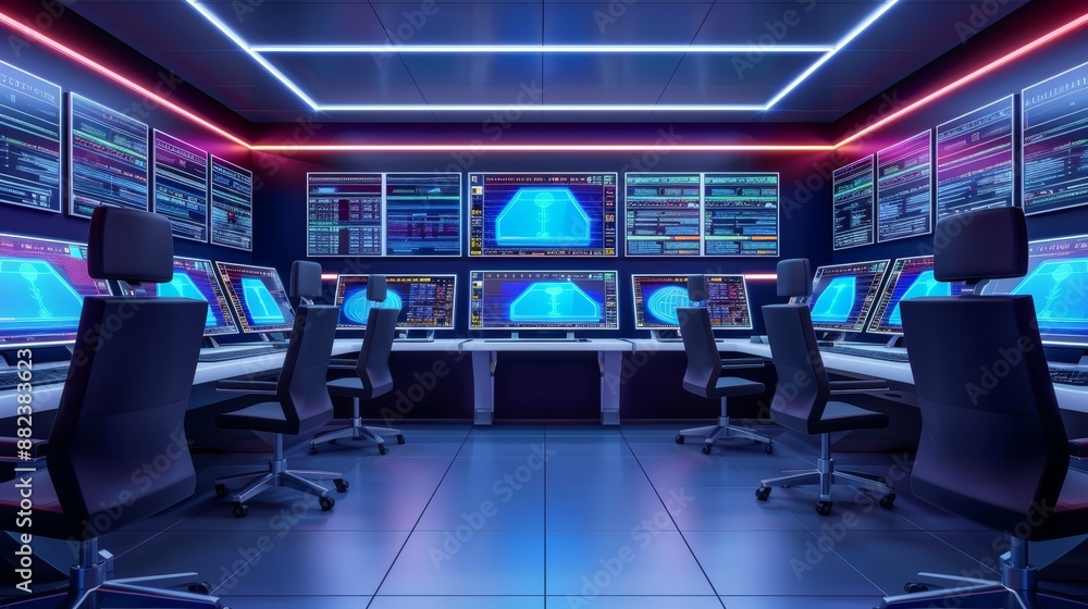 Poster a futuristic security control room with holographic defense systems and guards monitoring multiple s
