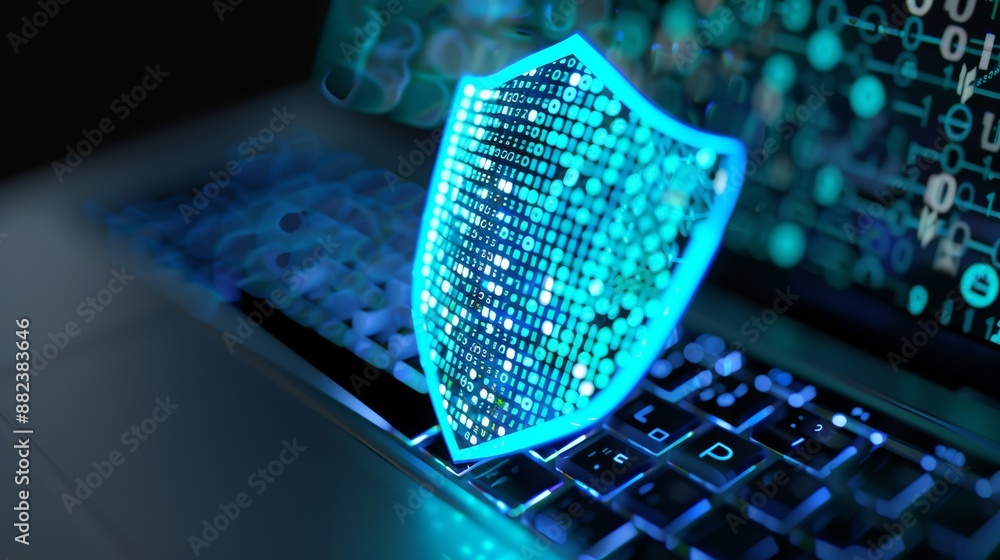 Poster a holographic shield over a laptop keyboard, with binary code and cyber threat icons in the backgrou