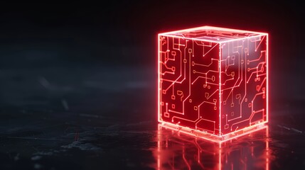 A glowing digital cube with intricate red circuitry patterns on a dark reflective surface