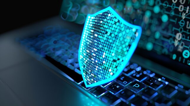 A holographic shield over a laptop keyboard, with binary code and cyber threat icons in the background, illuminated by a blue glow