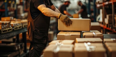 Fototapeta premium Aerial Photograph of Delivery Workers Emptying Cardboard Cases.