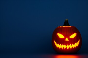 Naklejka premium glowing carved pumpkin on dark background, background for Halloween greetings, greetings, banner, realistic volumetric pumpkin, free space for text