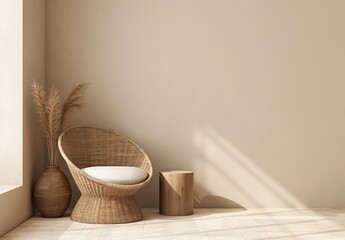 A chair is sitting in front of a wall with a vase on a table