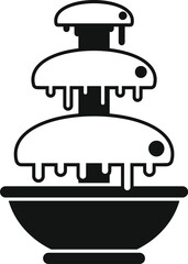 Black and white illustration of a chocolate fountain dripping over three tiers into a bowl