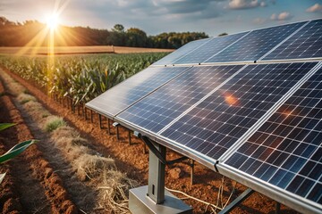 Solar panels on the backdrop of crops - a sustainable resource concept. Green energy. Natural background