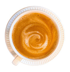 Top view of a cup of hot coffee with foam, on a transparent background. Latte in a white cup on a saucer. Some with lush foam