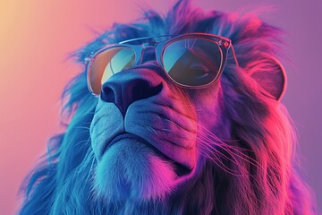 Lion wearing trendy sunglasses on colorful studio background with purple hue. Close-up portrait of majestic animal face with blue and pink fur. 3D rendering adds depth to image.