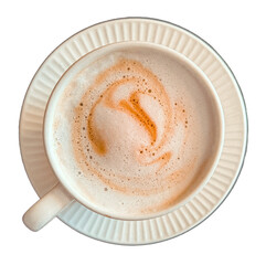 Top view of a cup of hot coffee with foam, on a transparent background. Latte in a white cup on a saucer. Some with lush foam