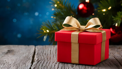  Christmas gift boxes with gold bow on blue defocused holiday background